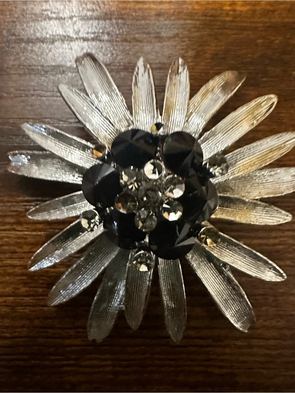 Silver Flower Brooch with Black and Clear Rhinestones